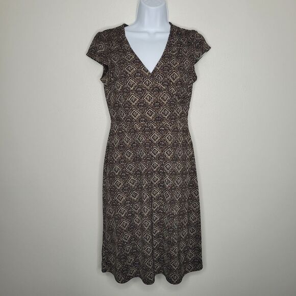 LOFT brown printed academia v neck cap sleeve preppy dress size 2 petite - Picture 1 of 5